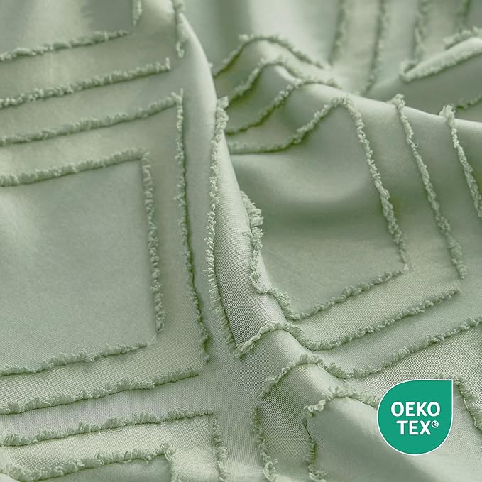JELLYMONI Duvet Cover Twin Size Light Green - 3PCS Boho Duvet Cover Set Plaid Polyester Tufted Bohemian Jacquard Knit Textured Comforter Cover 68×90in Rhombic Geometric Pattern Corner Ties & Zipper