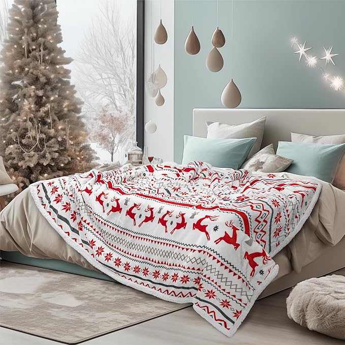 PAVILIA Premium Christmas Sherpa Throw Blanket | Christmas Decoration Gift, Fleece, Plush, Warm, Cozy Reversible Microfiber Holiday Blanket | White Reindeer - 60x80 Twin