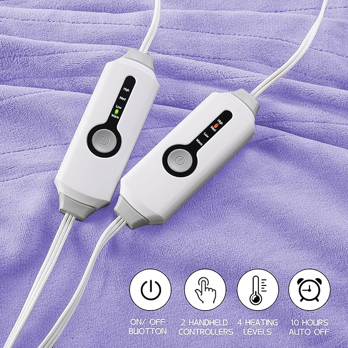 Electric Heated Blanket 84"x90" Queen Size, Soft Coral Fleece, Dual Controllers with 4 Heating Levels and 10 Hours Auto-Off, Machine Washable, Cozy Plush Fabric for Home, Light Purple
