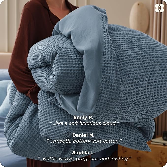 Bedsure Cotton Duvet Cover King - 100% Cotton Waffle Weave Grey Blue Duvet Cover King Size, GentleSoft™ and Breathable Bedding Set for All Season, 3 Pieces, 104"x90"