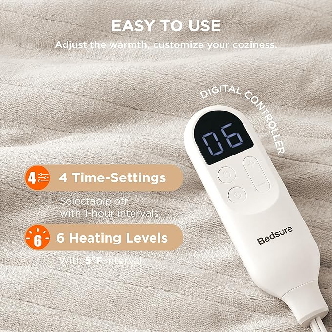 Bedsure Heated Blanket Throw Blanket - Fast Heating Electric Blanket, Soft Flannel Heated Throw with 4 Time Settings, 6 Heating Settings, Warm Gifts for Grandma (50x60 inches, Cream)