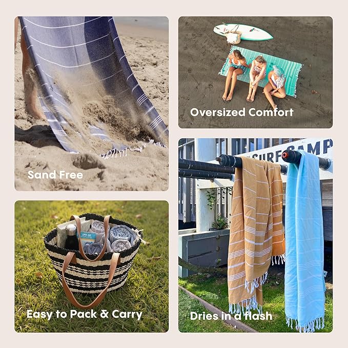 WETCAT Turkish Beach Towel Oversized (38"x71") 100% Turkish Cotton, Made in Turkey - Sand Free, Extra Large, Ultra Soft, Quick Drying, Compact & Lightweight for Travel - Aqua