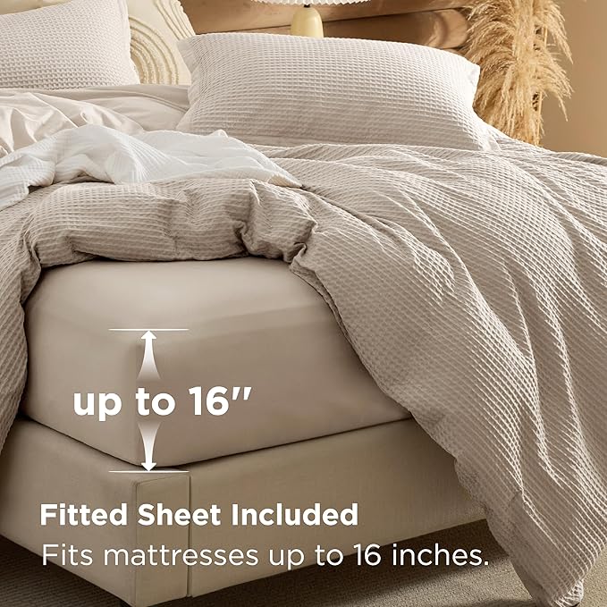 Bedsure 100% Cotton Duvet Cover King Size with Fitted Sheet - 4 Pieces Linen Color Waffle Weave Bedding Set, GentleSoft™ and Breathable, Includes 1 Duvet Cover 104x90, 1 Fitted Sheet, 2 Pillow Shams