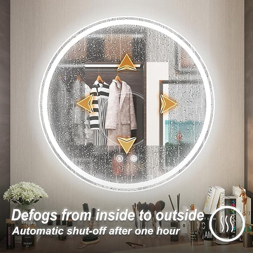28-Inch Frameless Round LED Bathroom Mirror with Anti-Fog, Memory Function, Dimmable Front & Backlit Lights, 6000K Daylight, 5mm HD Glass, Touch Control