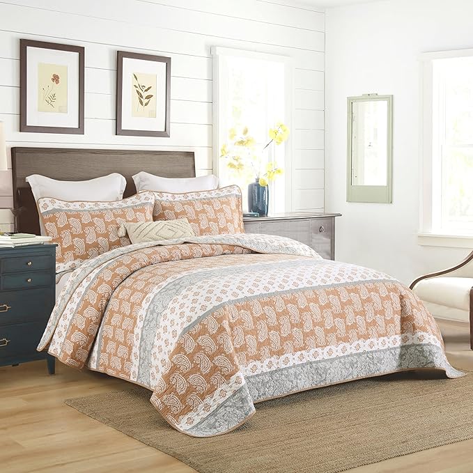 Terracotta Comforter Set, Cotton Quilt King Size, Orange Gray Quilt Set Bedding Set, Soft Striped Bedspread Set King All Season 3 Piece