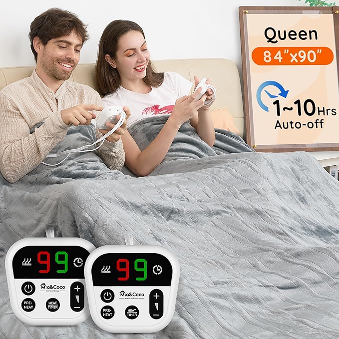 Mia&Coco Heated Blanket Queen Size （84"x90"） Dual Control Flannel Electric Blanket,10 Heat Levels,10-Hour Auto-Off, Fast Heating, Overheat Protection, Soft Heating Blanket for Home and Office- Gray