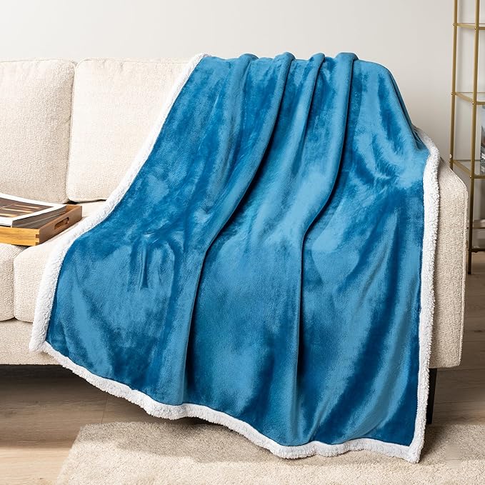 PAVILIA Sherpa Fleece Throw Blanket for Couch, Twin Size, Teal Blue, Plush Soft Fuzzy Sofa Blanket, Cozy Reversible Winter Throw for Women Men, 60x80 Inches