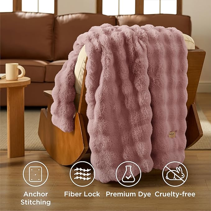 Bedsure GentleSoft Fluffy Faux Fur Throw Blanket for Couch, Soft Fuzzy Bubble Blanket Home Decor Gifts for Bedroom Living Room, Thick Warm Furry Cozy Gifts for Women, Dusty Rose, 50x60 Inch