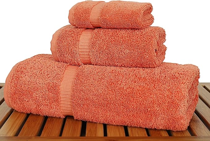 Luxury Hotel & Spa Quality Collection, Quick Dry 100% Turkish Cotton, 750+ GSM, Eco Friendly Towel Set, Bathroom and Kitchen Dobby Border Towels, Bath Towel, Hand Towel, Washcloths (3 Piece, Coral)