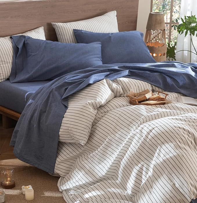 MooMee Bedding Sheet Set 100% Washed Cotton Linen Like Textured Breathable Durable Soft Comfy (Heathered Blue, King)