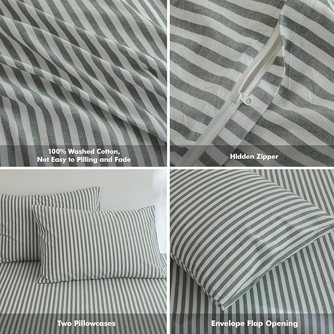 FOSSA Striped Duvet Cover Set 100% Washed Cotton Linen Feel Super Soft Breathable Cozy 3 Pieces Bedding Sets Heathered Green Classic Stripes King
