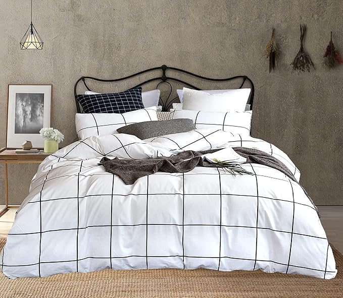 KAREVER White Grid Comforter Set Big Grid Queen Cotton White Black Plaid Printed Stripes Women Checkered Queen Comforters Bedding Set Bed Blanket Set White Plaid Comforter