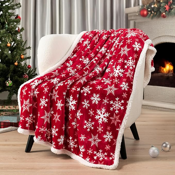PAVILIA Premium Christmas Sherpa Throw Blanket | Red Snowflake Decoration, Fleece, Plush, Warm, Cozy Reversible Microfiber Holiday Blanket 50 x 60