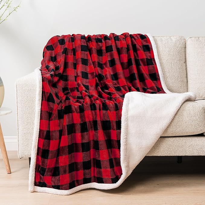 PAVILIA Buffalo Check Sherpa Blanket Throw King,Red Black Checkered Flannel Fleece Blanket,Christmas Plaid Warm Plush Microfiber Blanket for Couch Sofa,90x108 Inches