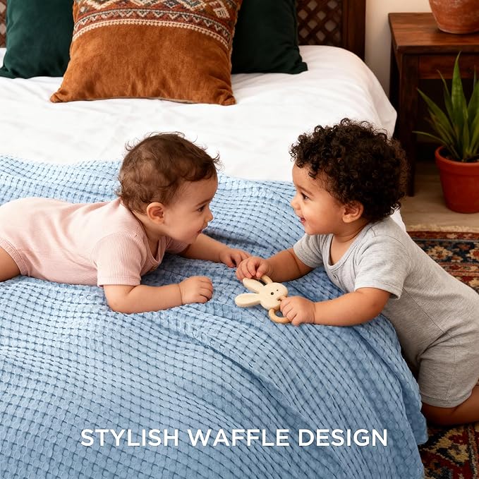 Bedsure Cooling Cotton Waffle King Size Blanket - Lightweight Breathable Blanket of Rayon Derived from Bamboo for Hot Sleepers, Luxury Throws for Bed, Couch and Sofa, Blue, 104x90 Inches