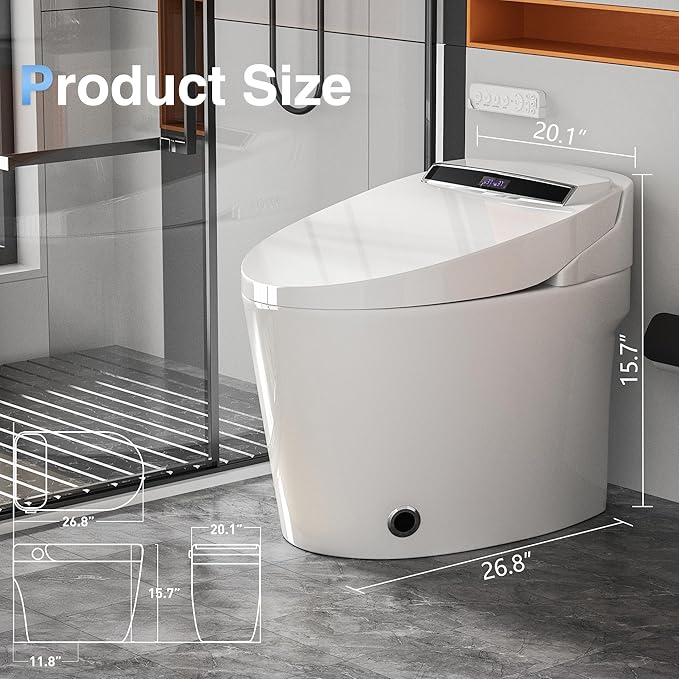 Smart Toilet, Heated Toilet Seat with Nightlight, One Piece Toilet for Bathroom, Tankless Toilets for Bathroom with Foot Sensor, LED Display, Warm Water and Dry, Remote Control