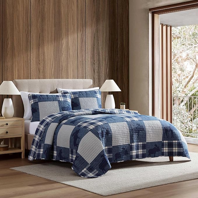 Eddie Bauer - Queen Quilt Set, Naturally Soft Cotton Bedding w/a Lightweight Feel for All-Year Comfort, Reversible w/Matching Pillowcases, 3 Piece Bed Set (Moose Plaid/Pinstripe/Patchwork Blue)