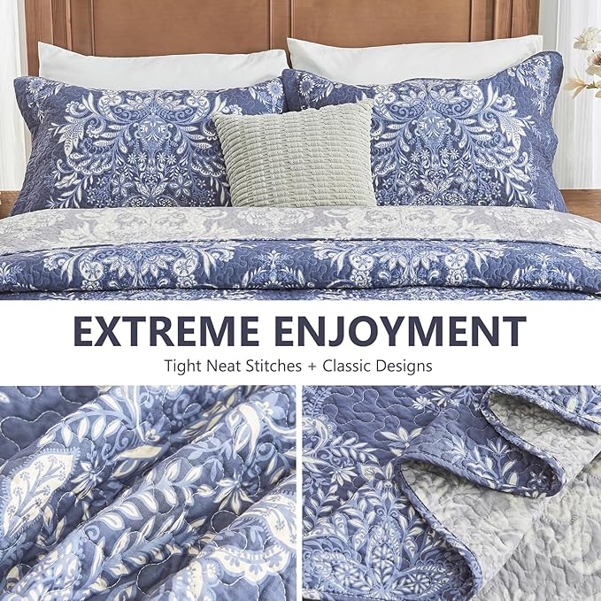 100% Cotton Quilt Set King Size - Damask Pattern Quilted Comforter, Vintage Reversible King Quilt Bedspread, Lightweight Bedding for King Bed, 3pcs, Blue