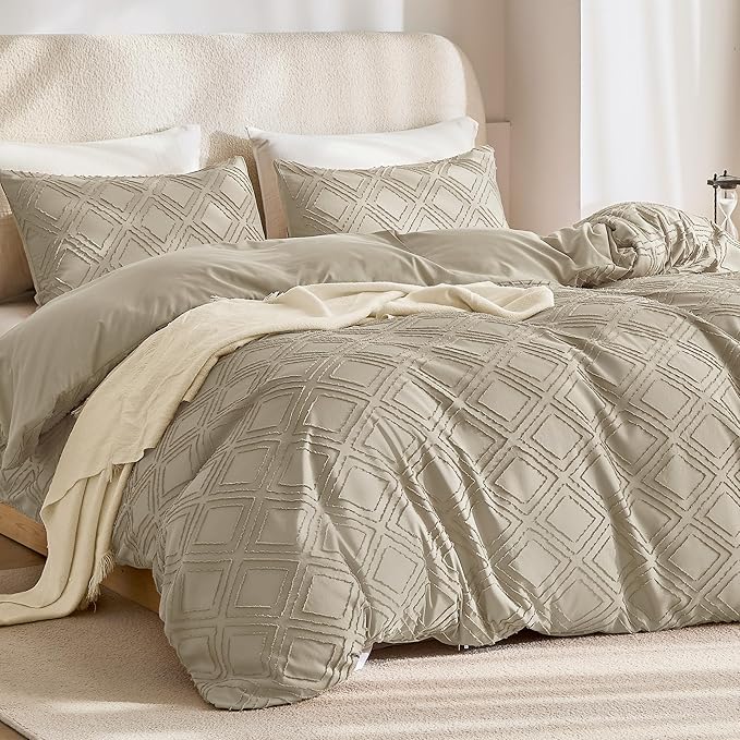 JELLYMONI Duvet Cover Twin Size Khaki - 3PCS Boho Duvet Cover Set Plaid Polyester Tufted Bohemian Jacquard Knit Textured Comforter Cover 68×90in Rhombic Geometric Pattern Corner Ties & Zipper