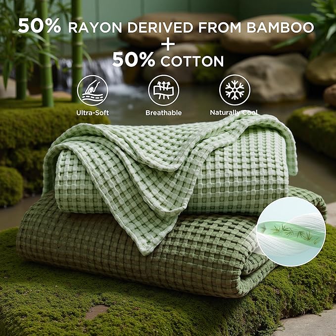 Bedsure Cooling Cotton Waffle King Size Blanket - Lightweight Breathable Blanket of Rayon Derived from Bamboo for Hot Sleepers, Luxury Throws for Bed, Couch and Sofa, Green, 104x90 Inches