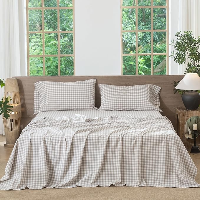 MooMee Gingham Sheet Set 100% Washed Cotton Linen Like Textured Breathable Soft w/Fully Elasticized 16-19" Deep Pocket (Classic Gingham Tannish Linen Grey, Queen)