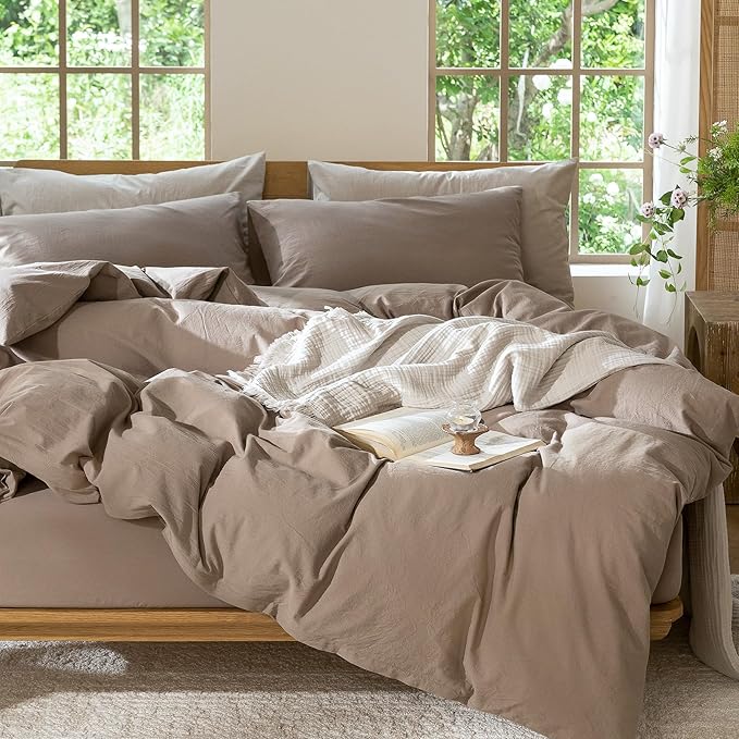 MooMee Bedding Duvet Cover Set 100% Washed Cotton Linen Like Textured Breathable Durable Soft Comfy (Solid Brown, Super King Plus 120"x120")