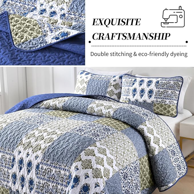 Mybedsoul Blue Quilt Set Queen Size 3 Pieces Boho Plaid Aqua Blue Floral Bedspread Set Microfiber Lightweight Bohemian Bedding Set for All Season (1 Quilt + 2 Pillow Shams) 90"x96"