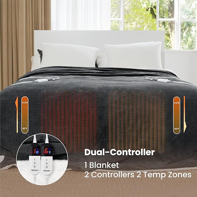 Heated Blanket Electric Blanket Queen Waffle, 84x90 Inches Dual Controllers Sherpa Fleece Fast Heating Blanket 6 Heating Levels & 10 Hours Auto Off ETL Certification,Charcoal Grey Queen