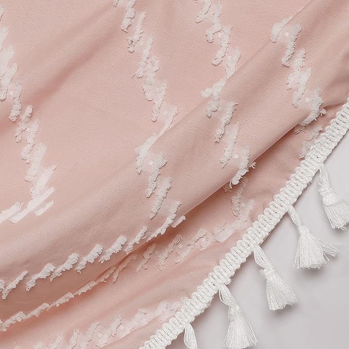 Extra Long Pink Boho Shower Curtain with White Tassel, Woven Fabric 96 in Curtain, Tufted Chevron Striped, 72x96, Modern Chic Textured Minimalist Cute for Bathroom