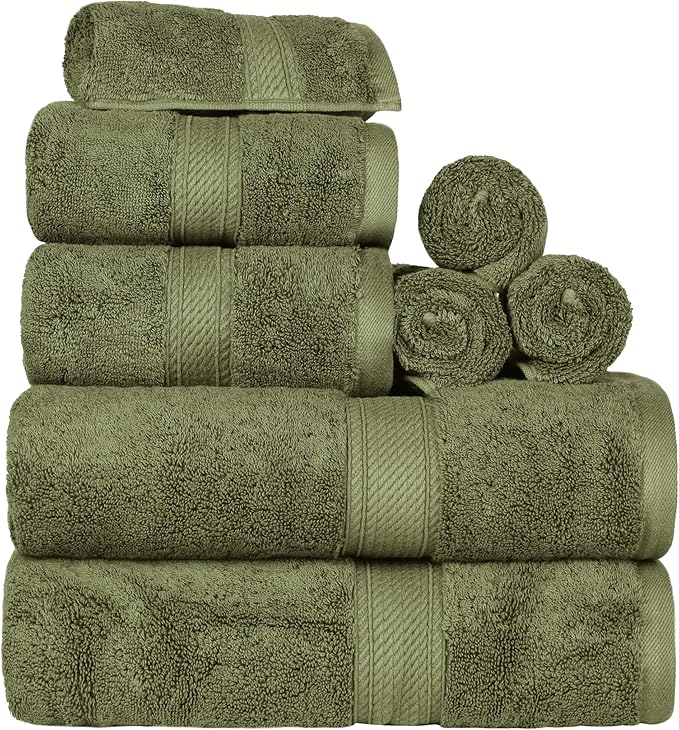 Superior Egyptian Cotton Pile 8 Piece Towel Set, Includes 2 Bath, 2 Hand, 4 Face Towels/Washcloths, Ultra Soft Luxury Towels, Thick Plush Essentials, Guest Bath, Spa, Hotel Bathroom, Forest Green