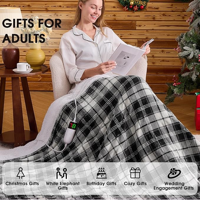 Black Heated Blanket Electric Twin Size,62X84 Heating Blanket with 10 Heats Levels&8 Hours Auto Off&Timer,Plaid Soft Sherpa Black Blankets Warmer Gift for Grandma Women Adult,Fast Heating Washable