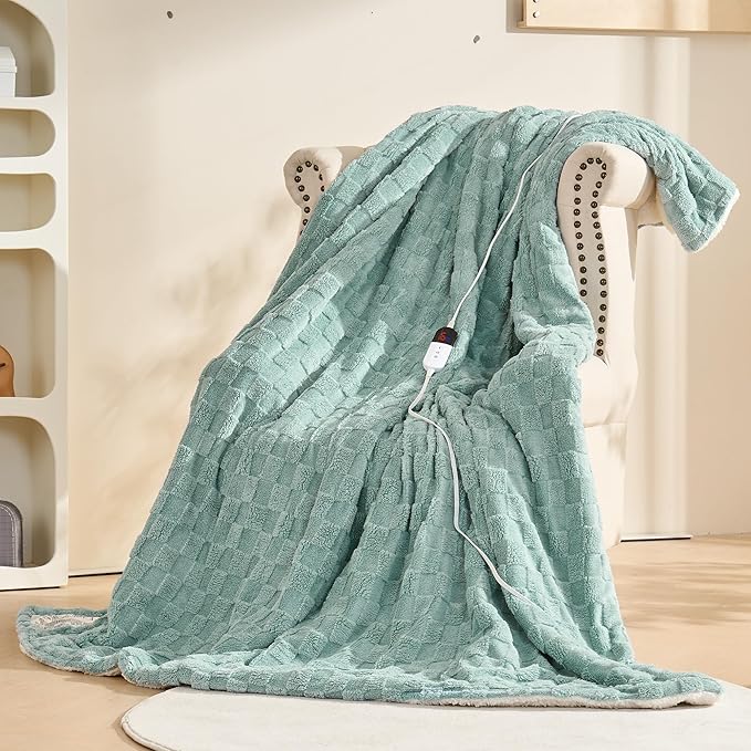 Electric Blanket, Heated Blanket with 6 Heat Levels & 10 Hours Auto Off, Soft Checked Flannel Fast Heating Blanket with ETL & FCC Certification (Green, 84"X90")