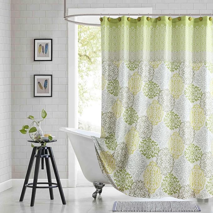 Stall Fabric Shower Curtain, Green Yellow Grey Boho Medallion Print Shower Curtains for Bathroom, 54" W x 72" H