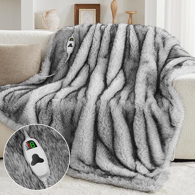 Heated Electric Blanket Throw,Octrot 50"X60" Faux Fur Heating Blanket Luxury Christmas Gifts Heavy Plush with 10 Heats Levels & 8 Hours Auto Off,Super Cozy Warm Fuzzy,Fluffy Decor Winter Warming,Grey