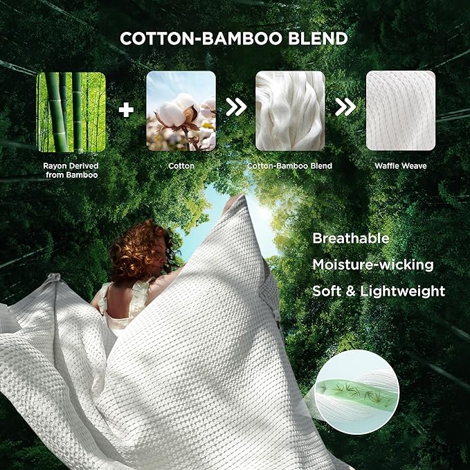 Bedsure Cooling Cotton Waffle King Size Blanket - Lightweight Breathable Summer Blanket of Rayon Derived from Bamboo for Hot Sleepers, Luxury Throws for Bed, Couch and Sofa, Fog Blue, 104x90 Inches