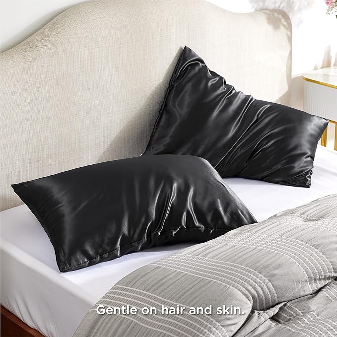 Bedsure Satin Pillowcase with Zipper, Similar to Silk Pillow Cases 2 Pack, Satin King Size Pillow Cases Set of 2, Silky & Soft Pillow Cover for Hair and Skin, Gifts for Women Men, Black, 20x36 Inches