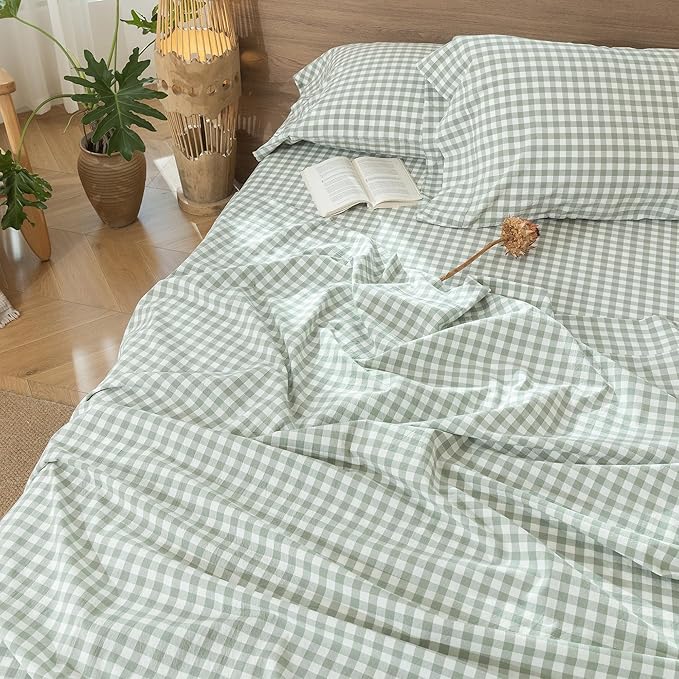MooMee Gingham Sheet Set 100% Washed Cotton Linen Like Textured Breathable Soft w/Fully Elasticized 16-19" Deep Pocket (Classic Gingham Sage Green, Queen)