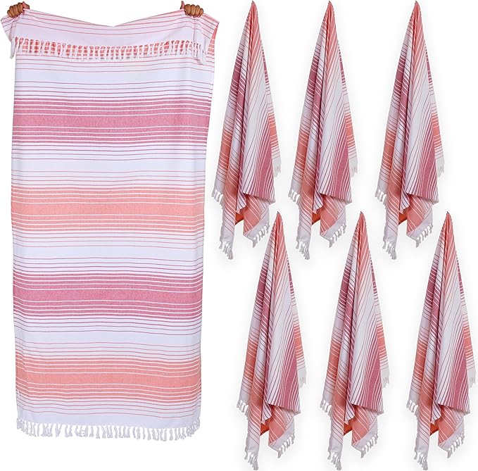 Native Fab Turkish Stripe Beach Towels - Set of 6-40x71 inches 100% Cotton Quick Dry Lightweight Thin Sand Free - Oversized Peshtemal Towel for Adults, Travel, Bath, Spa, Camp - Red Orange