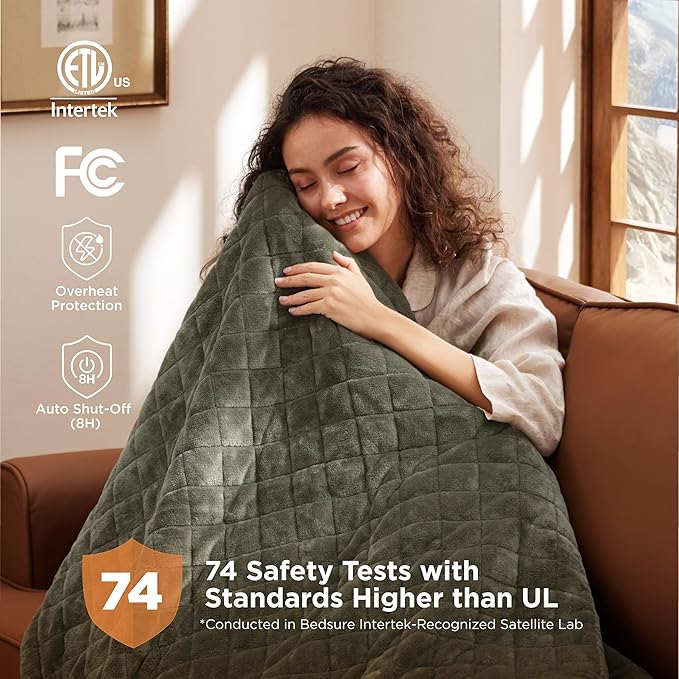 Bedsure Electric Blanket Twin - Quilted Heated Blanket Twin Size, Soft Flannel Thick Heating Blanket with 10 Time Settings & 6 Heat Settings, Warm Gifts for Women Men (62x84 inches, Olive Green)