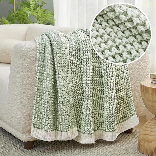 Amélie Home Waffle Chenille Throw Blanket for Couch, Pineapple Stitch Knit Soft Cozy Knit Blanket Decorative Throw for Sofa, Chair, 60 * 80", Sage Green&Ivory