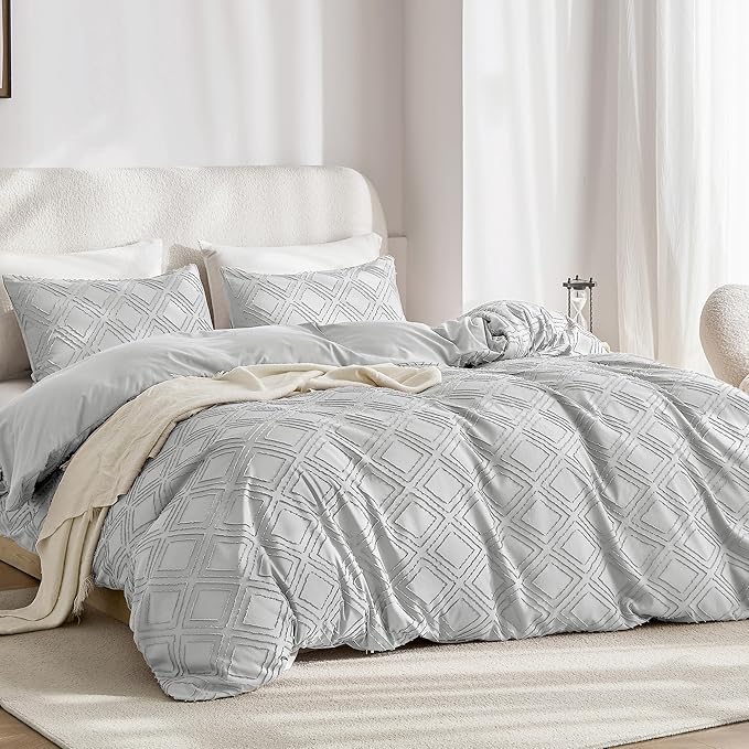 JELLYMONI Duvet Cover King Size Light Grey - 3PCS Boho Duvet Cover Set Plaid Polyester Tufted Bohemian Jacquard Knit Textured Comforter Cover 104×90in Rhombic Geometric Pattern Zipper Corner Tie