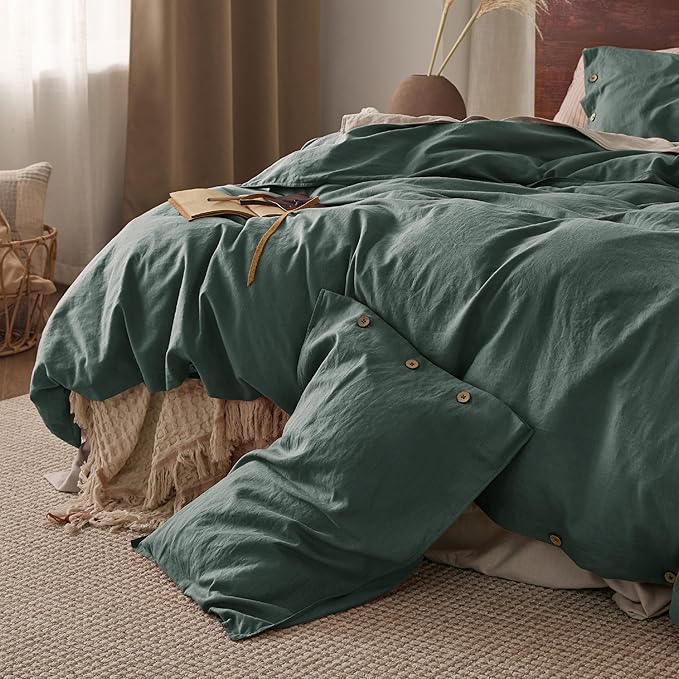 Bedsure Linen Duvet Cover Queen - Linen Cotton Blend Bedding Set, Soft & Cozy, 3 Pieces, 1 Duvet Cover 90x90 Inches and 2 Pillowcases, Dark Green Color Cooling Bedding, Comforter Sold Separately