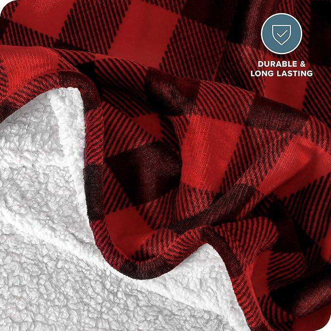 Bare Home Sherpa Fleece Blanket - Full/Queen Size - Blanket for Bed, Sofa, and Couch - Warm & Lightweight - Fluffy & Soft - Reversible (Full/Queen, Buffalo Plaid - Red/Black)