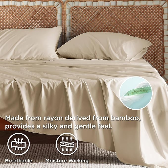 Bedsure California King Sheet Sets, Cooling Sheets for Hot Sleepers, Rayon Derived from Bamboo, Deep Pocket Up to 16 Inches, Breathable & Soft, Hotel Luxury Silky Bedding, Beige