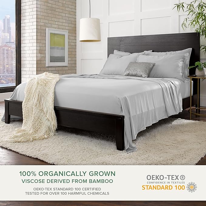 Twin Sheets by Pure Bamboo, Genuine 100% Organic Viscose Derived from Bamboo Bed Sheet Set, Luxuriously Soft & Cooling, Double Stitching, Lifetime Quality Promise (Twin, Silver Pearl)