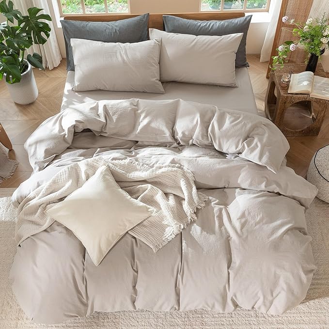 MooMee Bedding Duvet Cover Set 100% Washed Cotton Linen Like Textured Breathable Durable Soft Comfy (Solid Light Tan, Twin 68"x90")