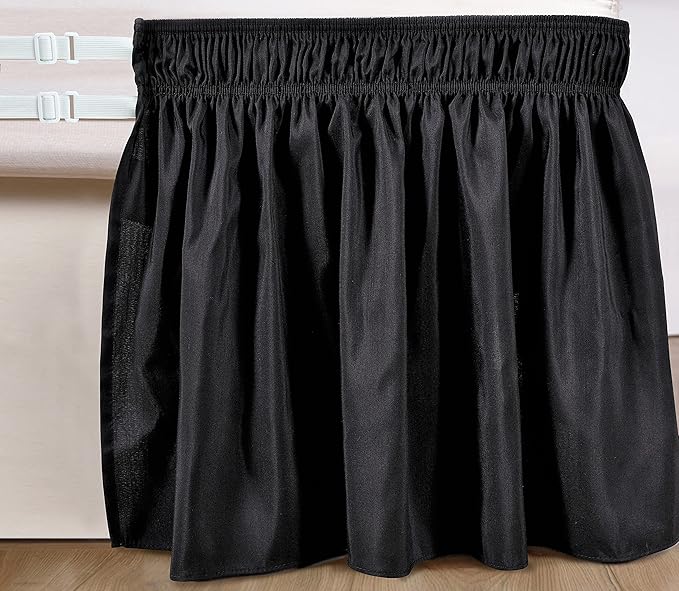 Biscaynebay Wrap Around Bed Skirts for Full & Full XL Beds with Extra Long Drop of 25", Black Adjustable Elastic Dust Ruffles Easy Fit Wrinkle Resistant Silky Luxurious Fabric Machine Washable