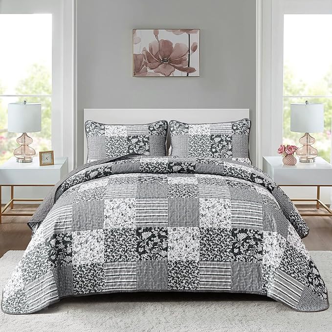 Mybedsoul Black Grey Boho Quilt Set King Size,3 Pieces Plaid Floral Bedspread Coverlet Set for All Season,Patchwork Reversible Bedding Set King 90"x104"
