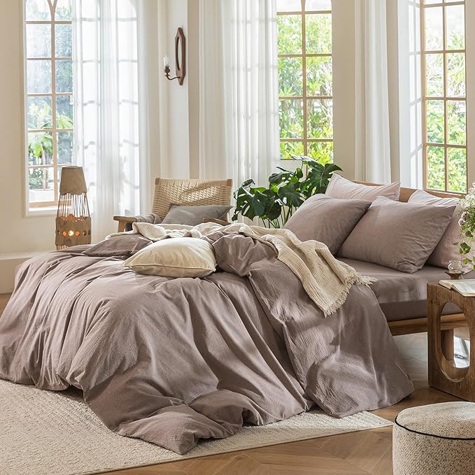 MooMee Bedding Duvet Cover Set 100% Washed Cotton Linen Like Textured Breathable Durable Soft Comfy (Heathered Mauve Brown, Queen 90"x90")