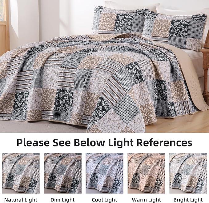 Mybedsoul Patchwork Quilt Set Queen Size, 3 Pieces Blue Brown Floral Plaid Bedspread Coverlet Set, Reversible Soft Microfiber Bedding Set for All Season, Fall Winter Queen 90"x96"